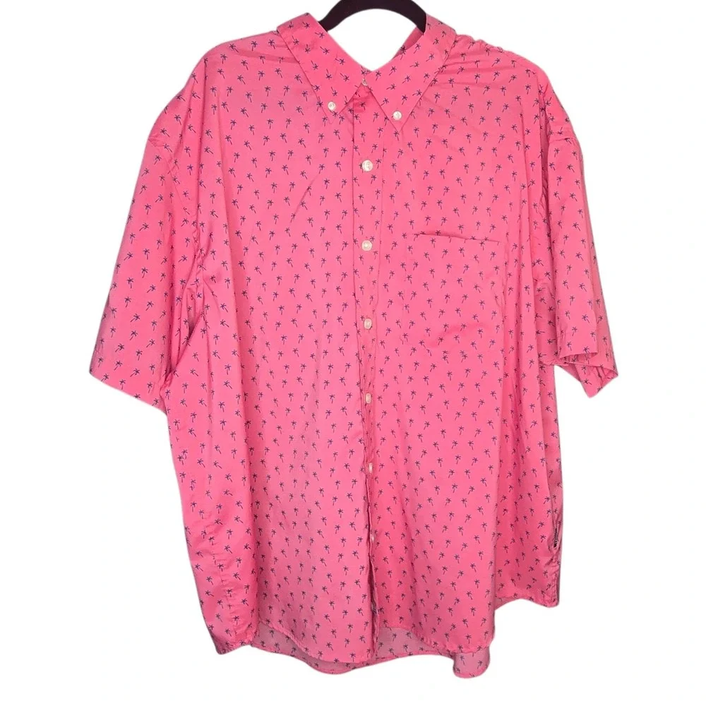 IZOD Button Down Short Sleeve Palm Tree Print Shirt Pink Casual Mens 2XL